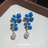 Medieval vintage silver needle dripping oil flower pearl stud earrings retro high-end earrings light luxury huge good-looking earrings