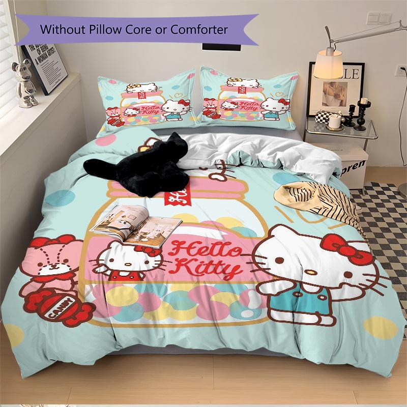 3pcs Hello Kitty Candy Bottle Design Printed Quilt Set - Soft and Comfortable Quilt Cover for Bedroom, Guest Room and Dormitory Decorative B