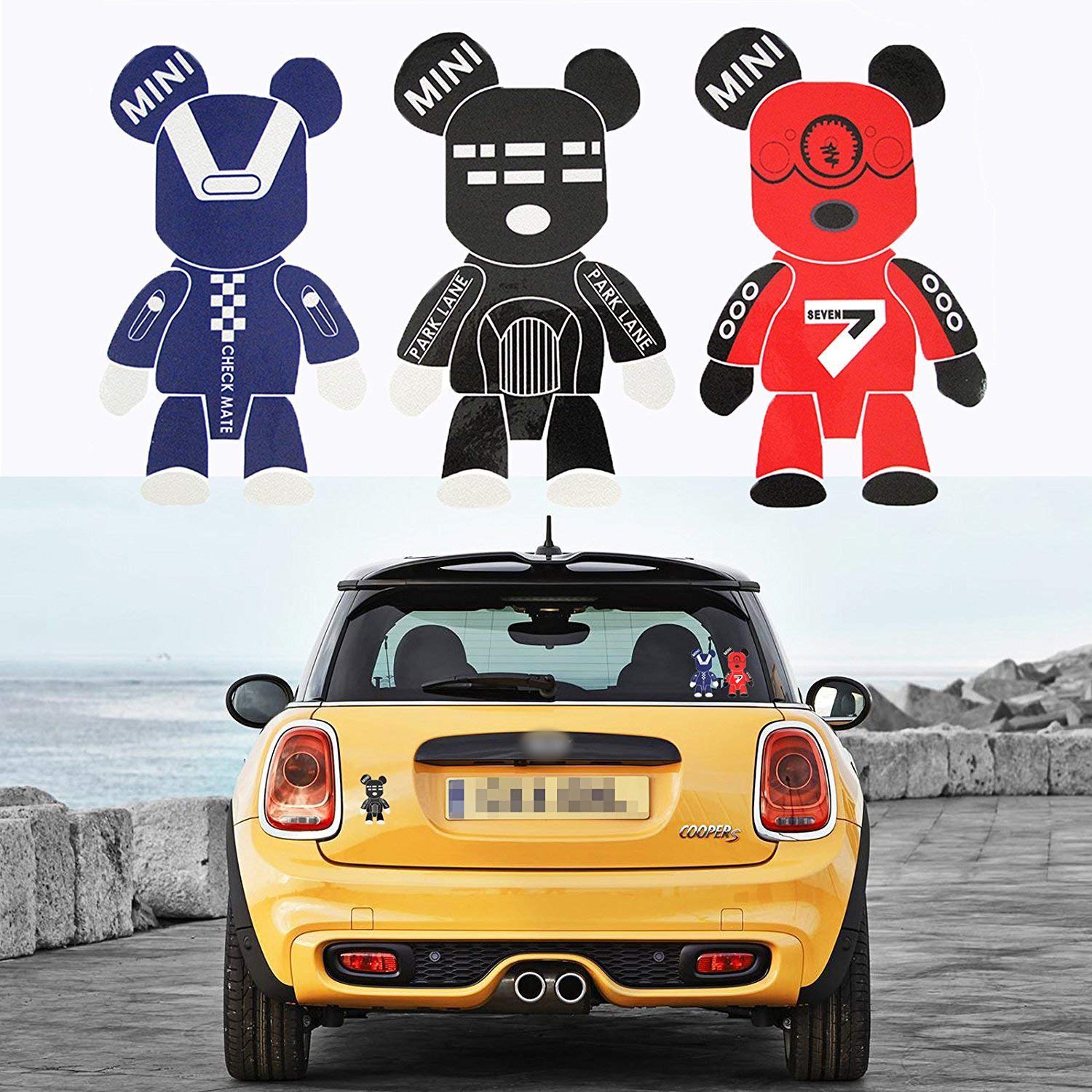 

Xotic Tech 3X Cute Cool Gloomy Bears Robot Stickers Red Black Blue Exclusive Window Reflective Vinyl Decal Replacement for Mini Cooper Car Truck Hood