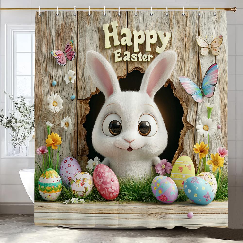 Happy Easter Bunny Eggs In Wooden Board Hole Cartoon Shower Curtain, Bathroom Decorative Shower Curtain, Home Curtain with Hooks