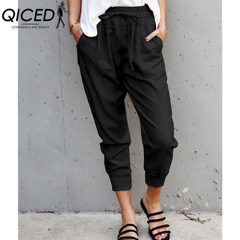 QICED Summer Women Loose Plus Size Solid Color Simple Lace Up Slim Casual Nine Point Slimming Trousers