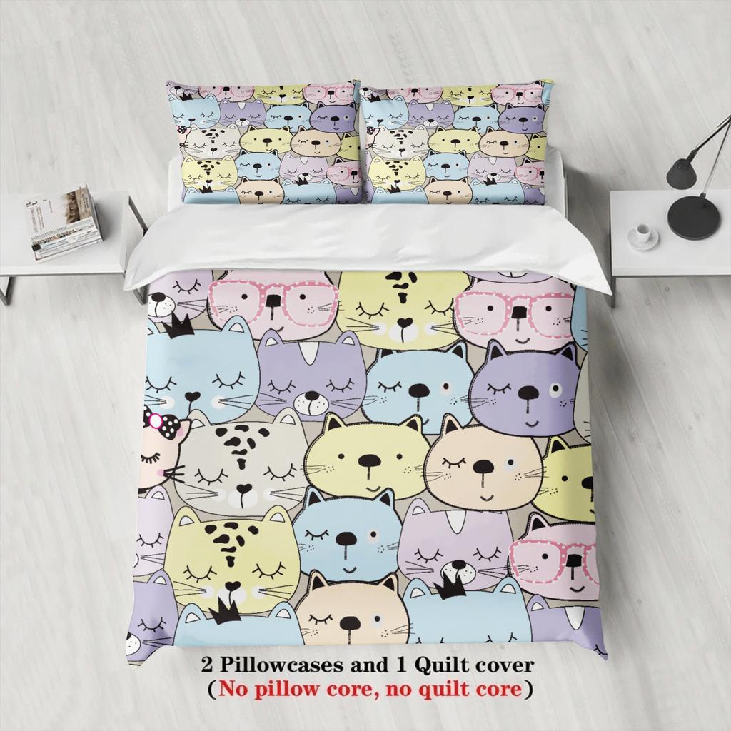 3pcs Cat Bowknot Bedding Sets 3D Printed Cute Cartoon Cat Dormitory Twin Size For Students Duvet Cover Sets With 2Pillowcases