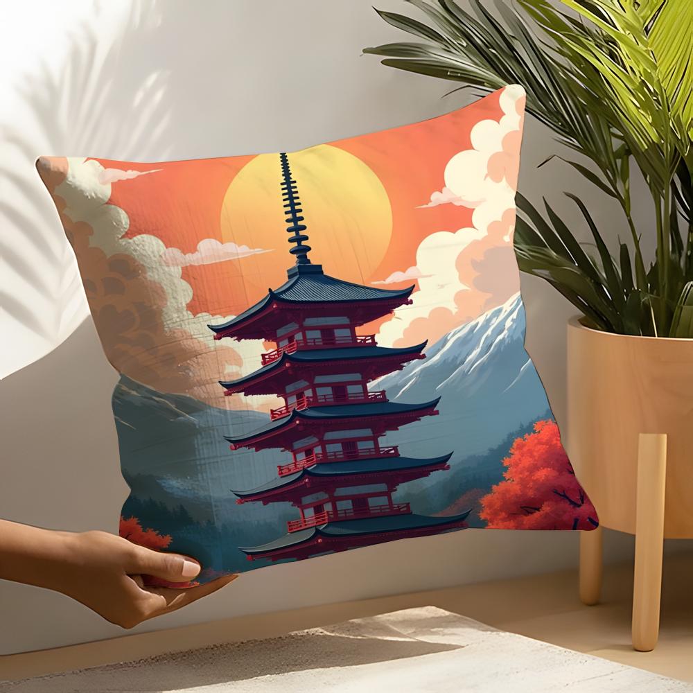 Retro Japanese Pagoda Landscape 2 Pillow Case Linen Cushion Covers For Decorative Sofa Home Pillows Case Car Chair Pillows Cases