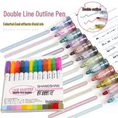 Children's Dual-Line Outline Highlighter Pen Set - 8 or 12 Colors for Drawing and Journaling