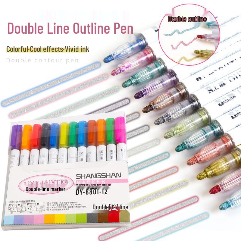 Children's Dual-Line Outline Highlighter Pen Set - 8 or 12 Colors for Drawing and Journaling