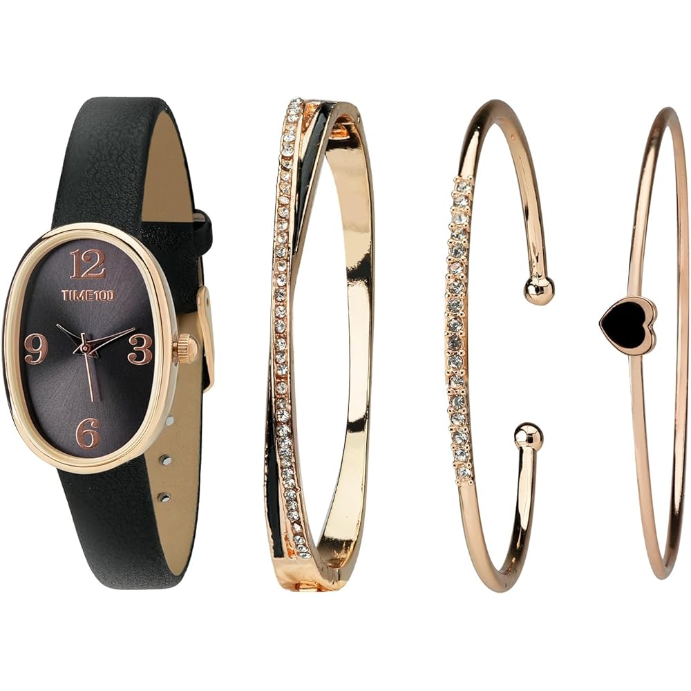TIME100 Women s Fashion Watch and 3-Piece Bracelet Set Waterproof Feminine Daily Gift Black