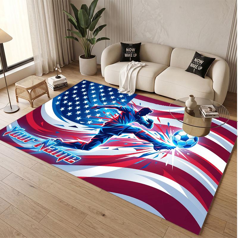 Fußball-Thema Weicher Kristall-Samt Teppich Benutzerdefinierter Name & Text Druck Rutschfester Boden Teppich für Schlafzimmer Wohnzimmer
