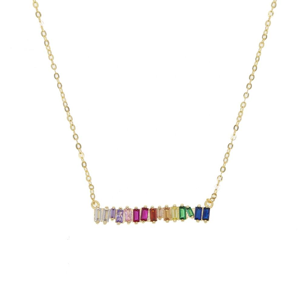 Gold Plated rainbow Rectangle Cubic Zirconia Cz Stick bar Pendant Fashion European Colorful Cz Geometric Necklace