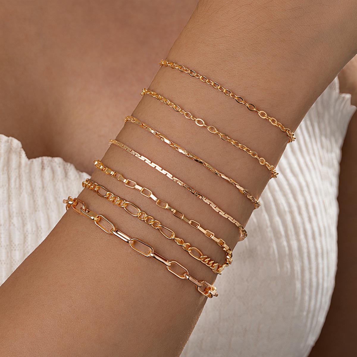 7 pieces of fashionable and simple plain chain, multiple stacked alloy women s bracelet