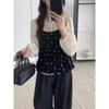 Kumikumi Sweet Set French Style Polka Dot Brace Vest Women's Autumn Loose round Neck Long Sleeves Shirt Two-piece Set