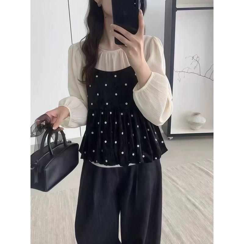 Kumikumi Sweet Set French Style Polka Dot Brace Vest Women's Autumn Loose round Neck Long Sleeves Shirt Two-piece Set