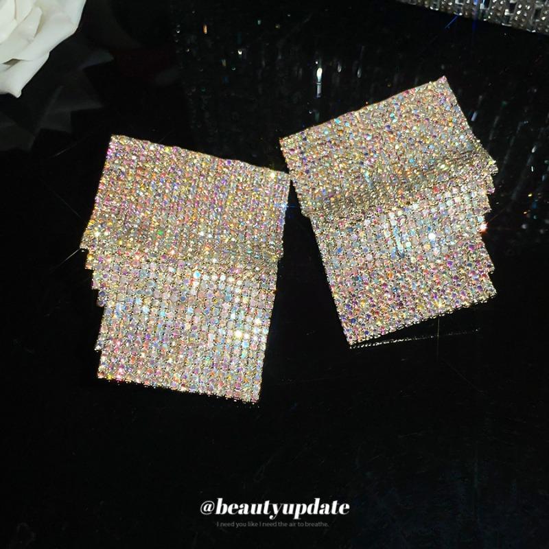 European and American Silver Needle Diamond-encrusted Geometric Square Stud Earrings Retro Exaggerated Design Earrings Light Luxury High-end Earrings