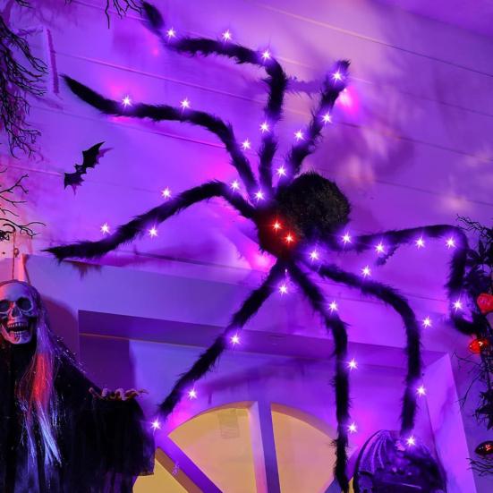 Halloweenský obří svítící pavouk Strašidelný realistický chlupatý LED pavouk s ohebnýma nohama pro vnitřní venkovní Halloweenskou zahradní domácí výzdobu
