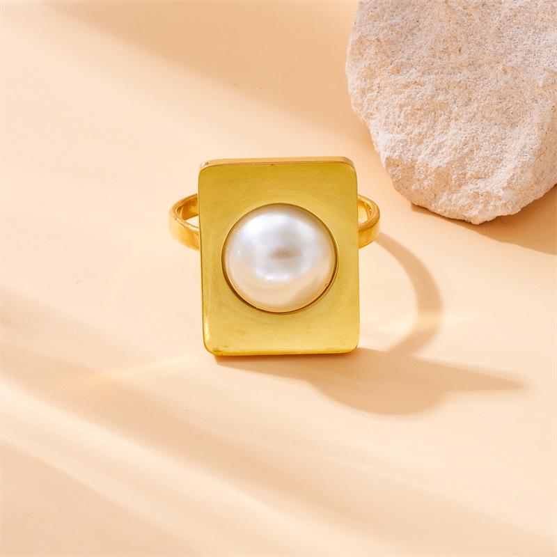 Gold Plated Stainless Steel Square Pearl Open Statement Ring for Women