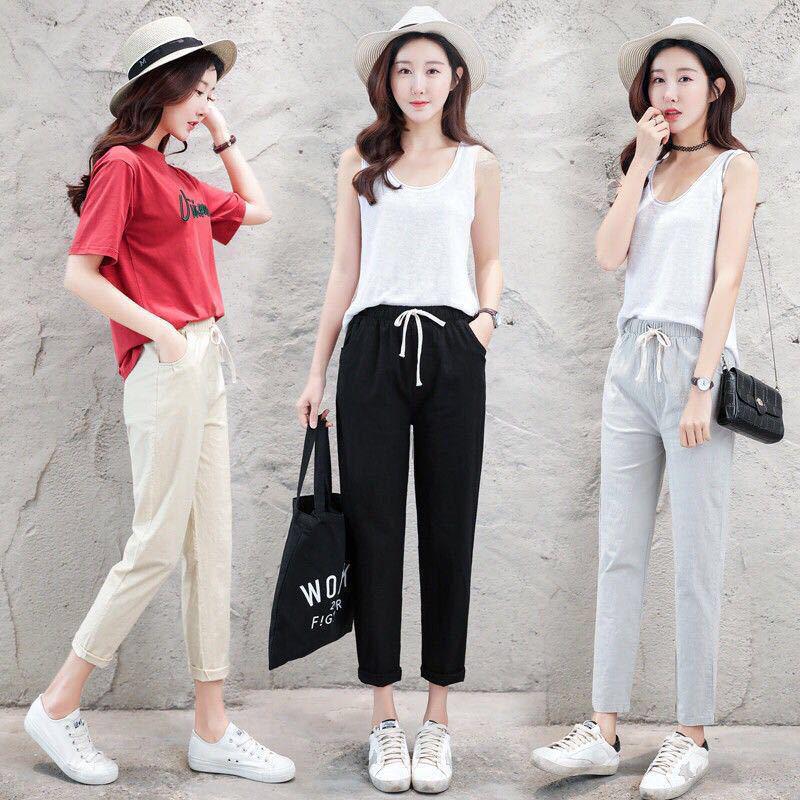 Damen Baumwollleinen Haremshose - Frühling/Herbst, Casual, Leicht, Petite, Gekürzt, Sieben/Achtel-Länge.