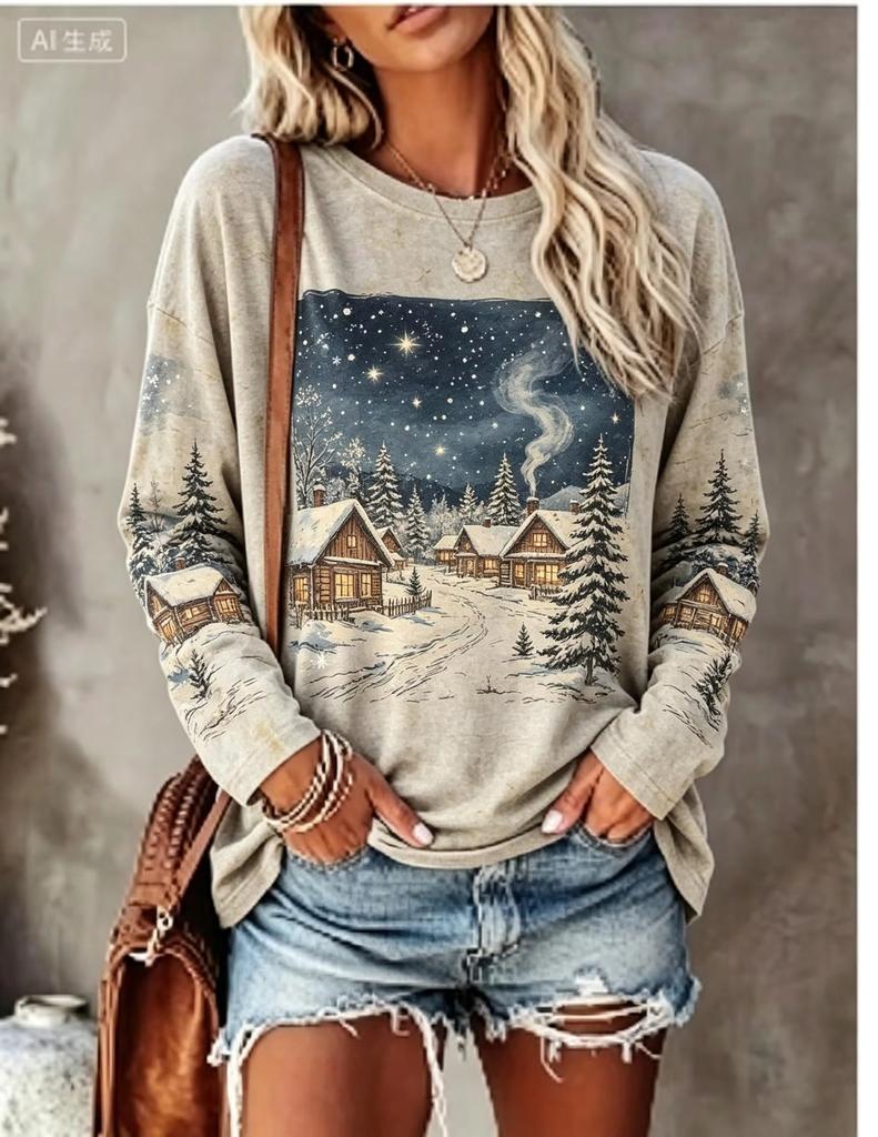Women Christmas Long Sleeve Hoodie Snowman Puppy Tree Gift Snowflake Print Crew Neck Winter Tops