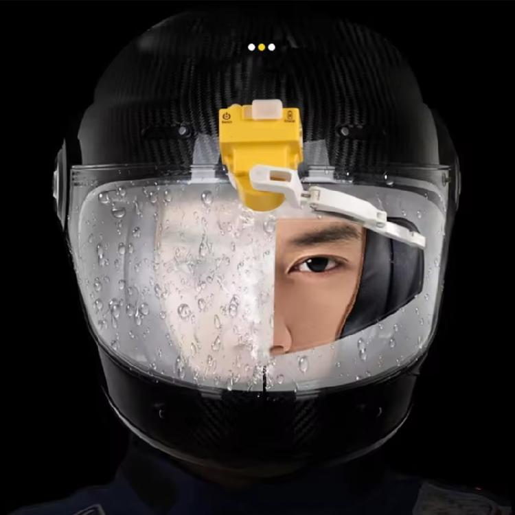 Helmet Lens Wiping Unit with Plastic Housing, Two Push Controls and Built-In Warning Light for Rainy Road Travel