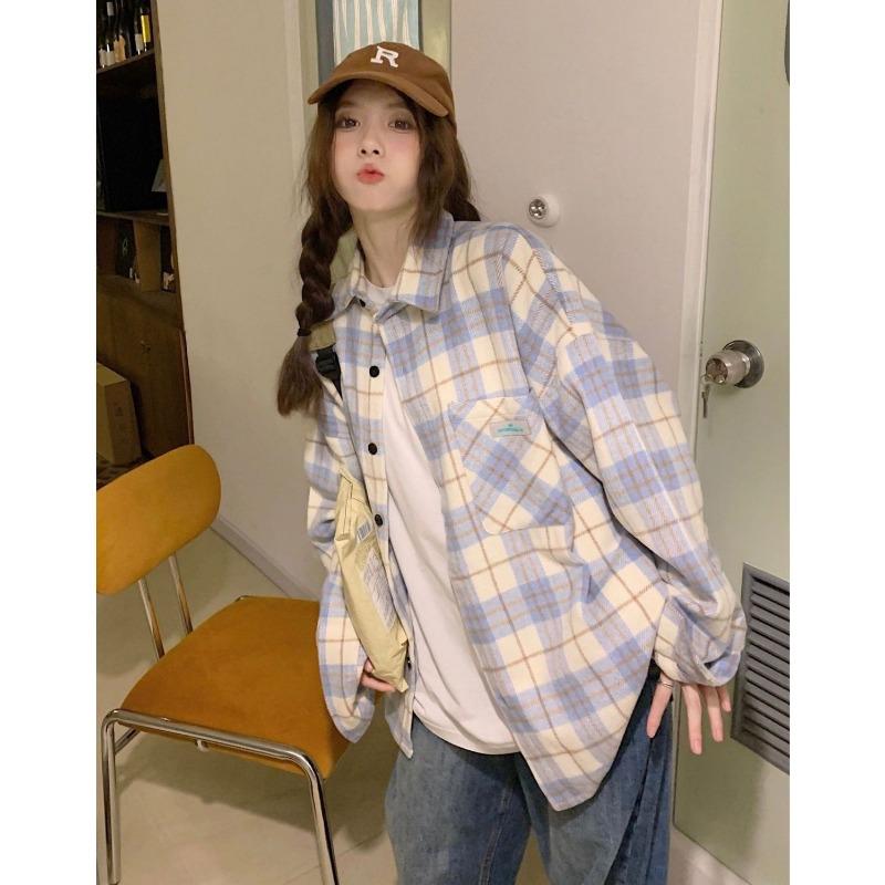Blue Plaid Shirt Women's New Spring and Autumn Hong Kong Style Loose Long-sleeved Sun Protection Shirt Thin Jacket