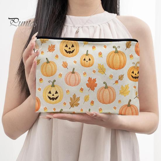 Washable Storage Pouch Bag, with Halloween Pattern Print, Smooth Zipper Durable Canvas Dust-proof Container Organizer, Portable Stationery Case,