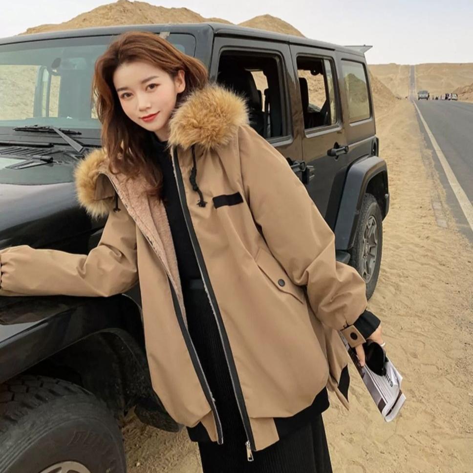 Women's Workwear Parka Cotton Coat Winter Thickened Fleece Lined Long Jacket
