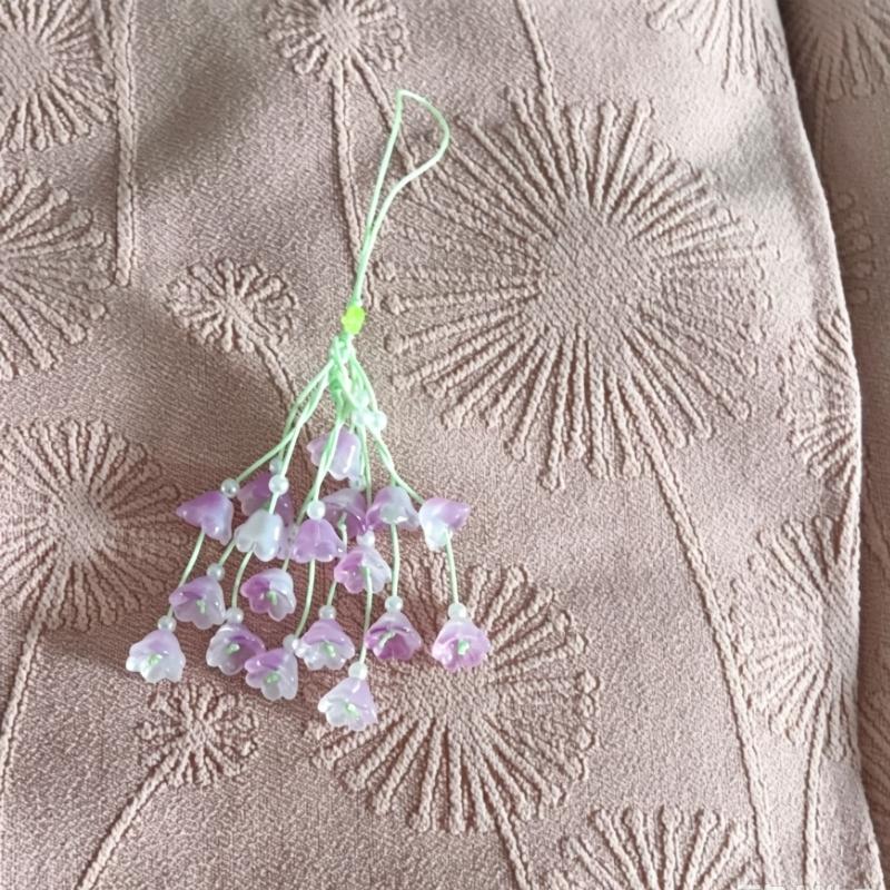 Floral Charm Strap Keychain for Bags and Phones, Valley Flower Hanging Style with Translucent Flower Drops and Bead Details