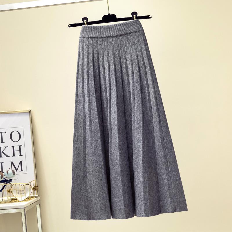 Autumn and Winter High Waisted Knitted Skirt for Women Mid Length Pleated Skirt