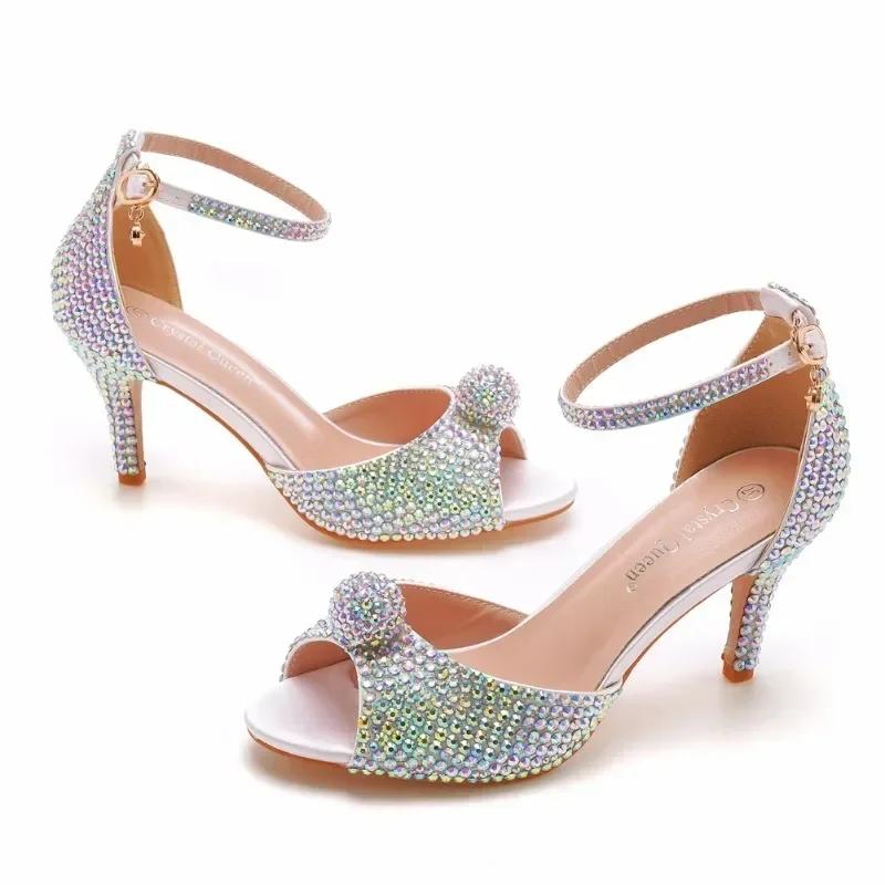 Riemchen Sandalen Party Strass PU 7CM Dünne Absätze Schnalle Braut Hochzeit Farbiger Diamant Damen Pumps
