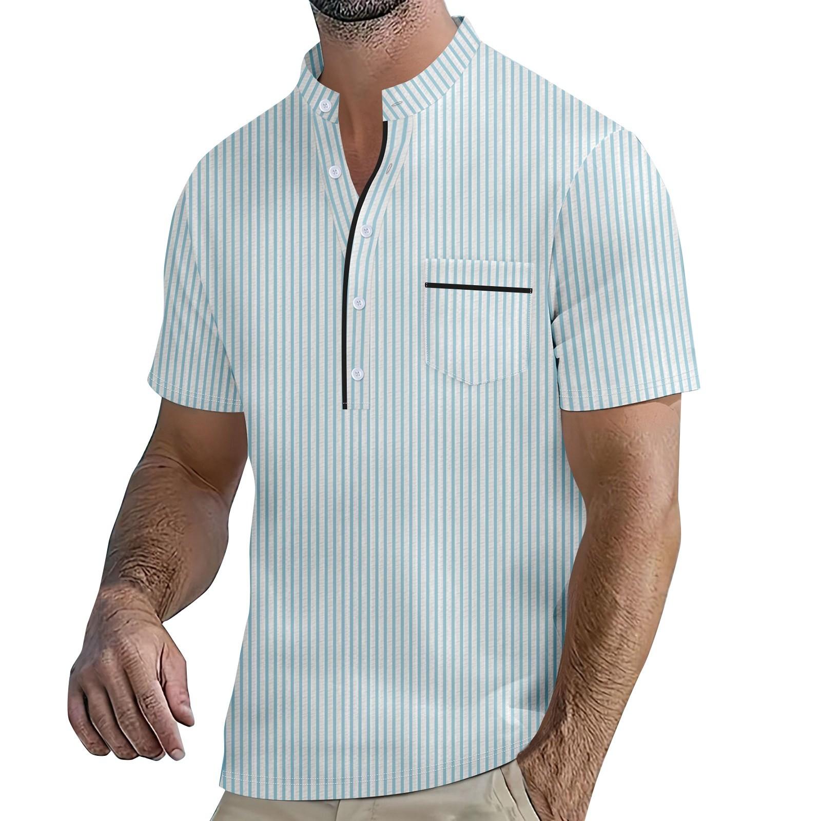 

Мужские летние полосатые топы с воротником на пуговицах и коротким рукавом, мужские повседневные свободные модные топы с карманами XL небесно-голубой