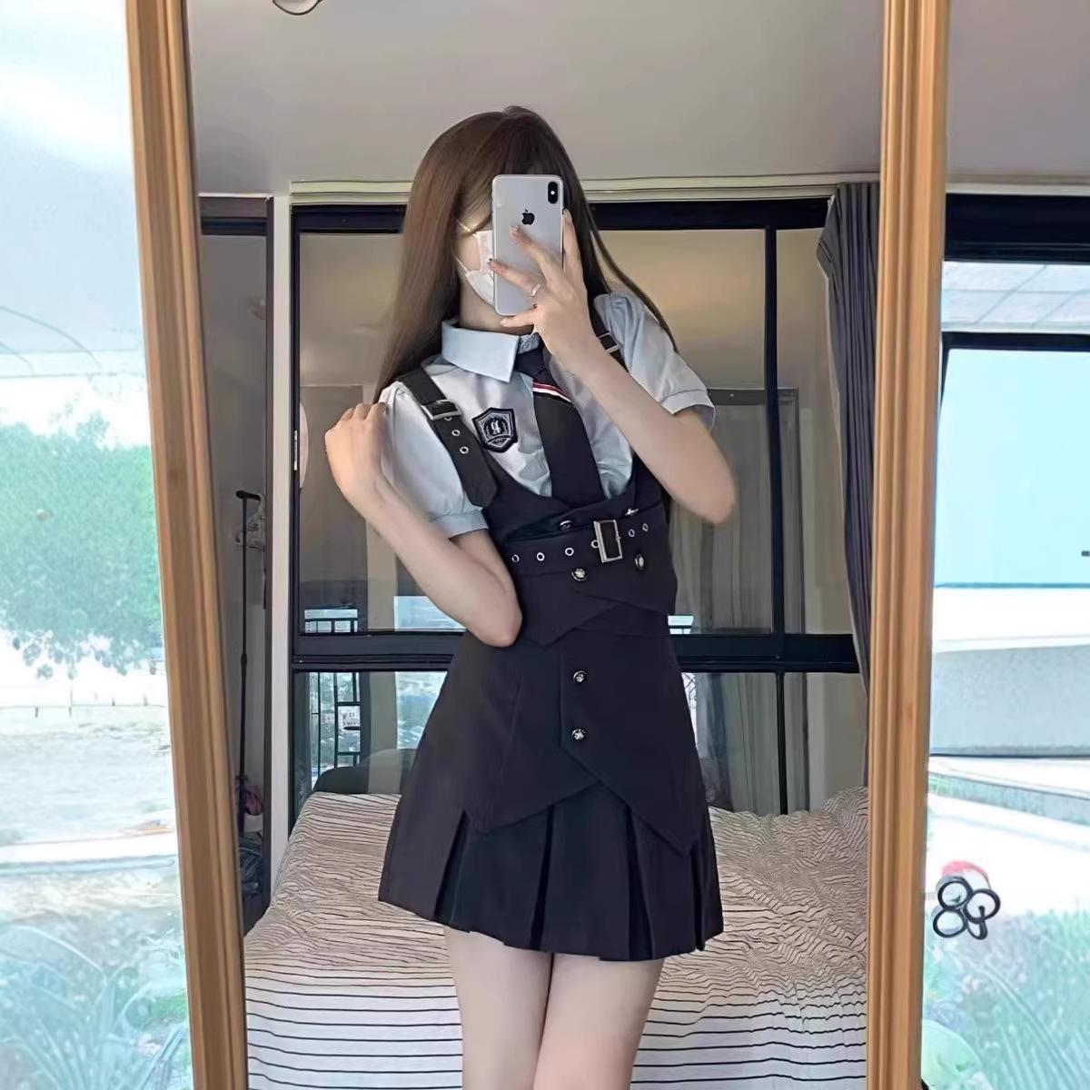 

American Spicy Girl JK Uniform Set: Black Pleated Skirt, Blue Shirt, Vest & Rabbit Police Officer Style M