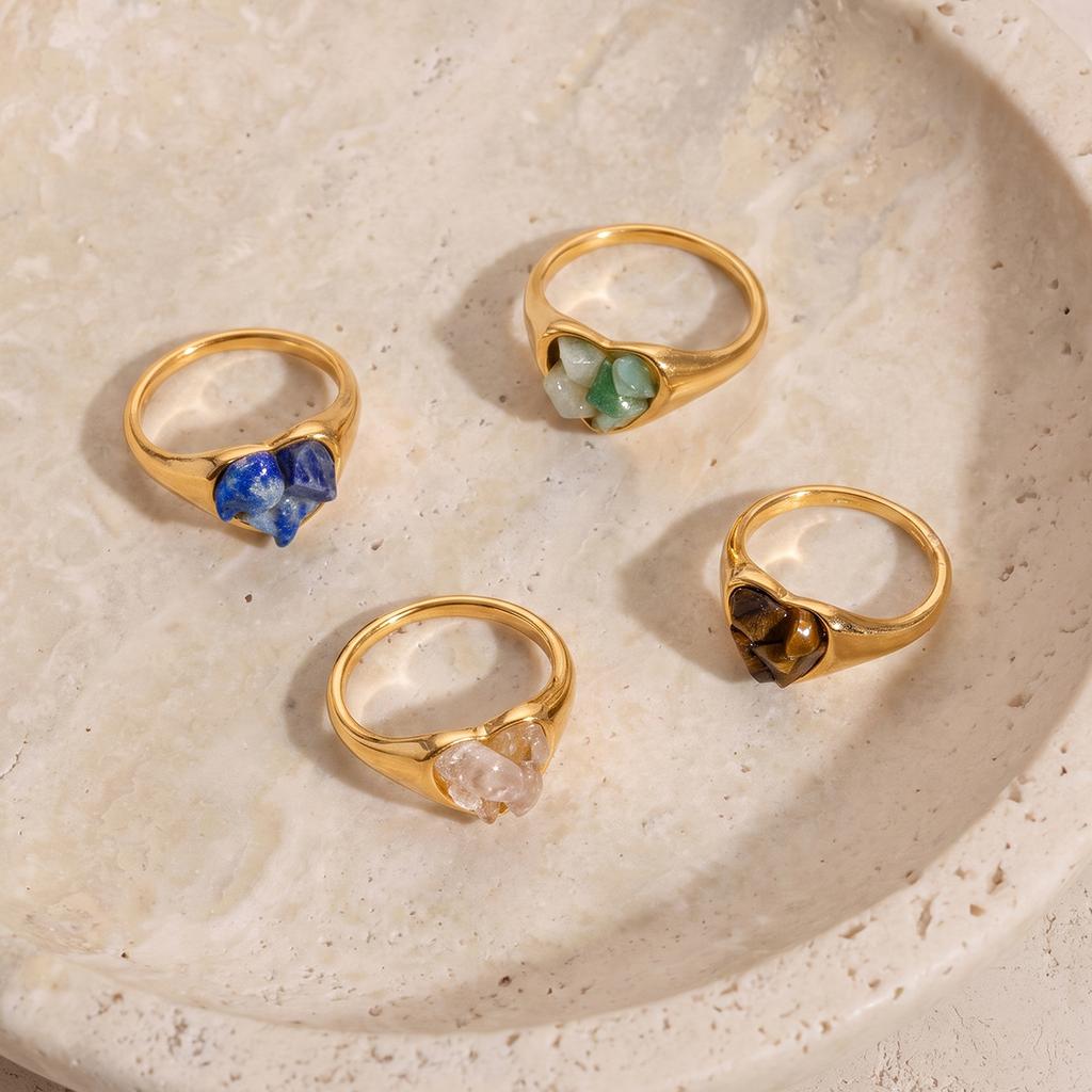 Boho Natural Stone Heart Signet Ring for Women Gemstone Chips Stainless Steel Gold Color Waterproof Hypoallergenic