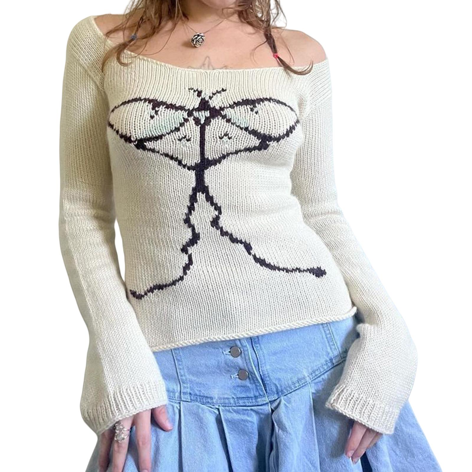 

2KWEIRD Женские вязаные топы с открытыми плечами, облегающий свитер с графическим принтом, трикотаж с длинным рукавом, эстетика Y2K, уличная одежда S