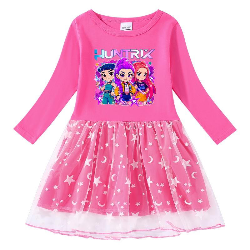 Girls' Kpop Rainbow Sequin Mesh Dress - Long Sleeve, Perfect for Spring & Autumn
