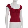 Women Red Square Neck Lace Trim Bow Detail Short Sleeve Slim Fit Casual Blouse
