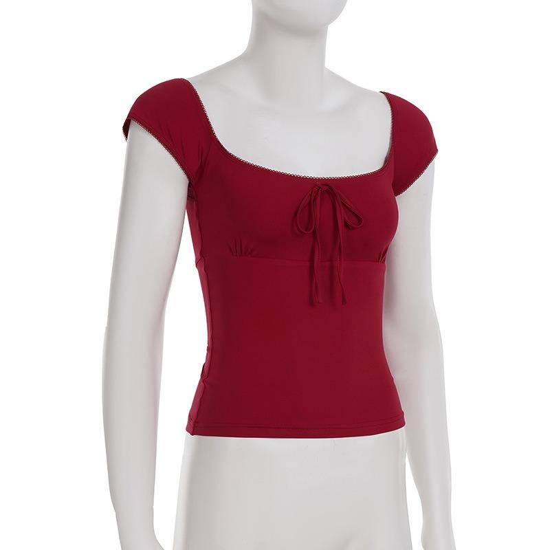Women Red Square Neck Lace Trim Bow Detail Short Sleeve Slim Fit Casual Blouse
