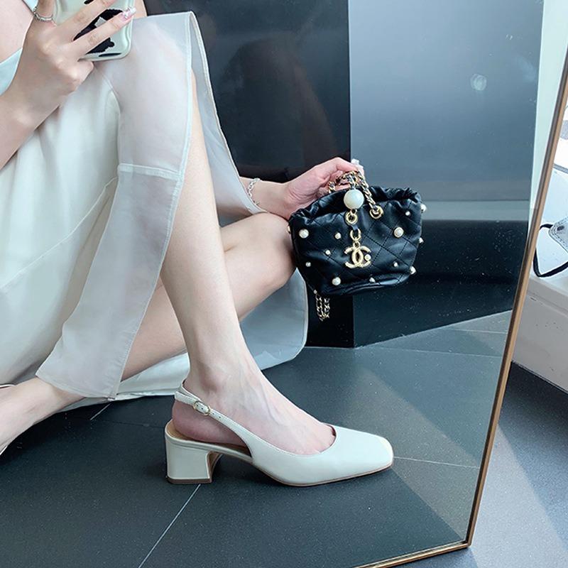 Sheepskin bag head sandals women's summer outer wear square head temperament medium high heel rear empty bag head shallow thick heel single shoes