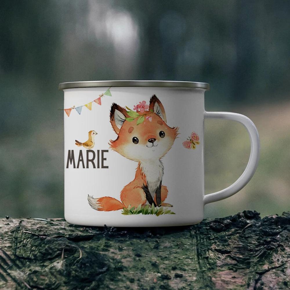 Personalized Name Forest Animals Fox Girl Gift Enamel Mug Daughter Birthday Gift Milk Cup Modern Printed Enamel Mug