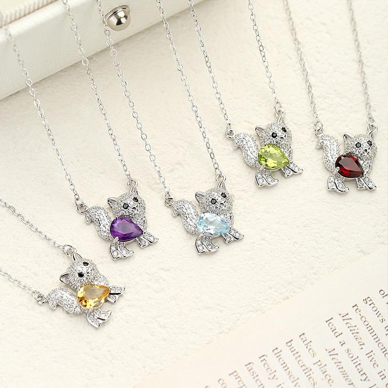 S925 Silver Cat Pendant Necklace Natural Crystal Choker Chain for Women