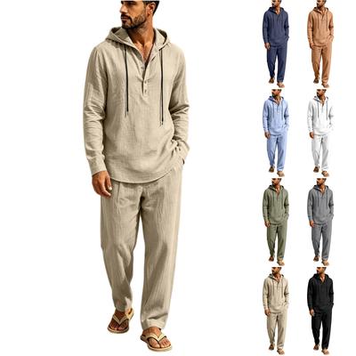 Men's Linen Two-Piece Set Hooded Half-Zip Long-Sleeve Top and Straight-Leg Pants Vacation Casual Outfit