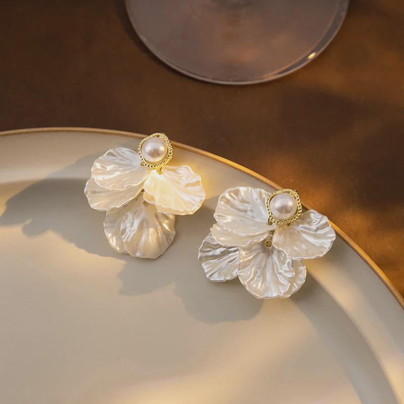 Silver Needle Retro Pearl Tassel Earrings - Elegant Fairy-Inspired Design with White Petals.