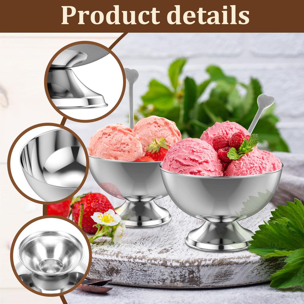 4Pcs Stainless Steel Ice Cream Bowl with 4 Forks 250ml Dessert Goblet Pudding Cup Sundae Cup Salad Bowl Kitchen Party Tableware