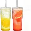 Stripe Glass Cup with Lids and Straws High Borosilicate Tumblers Transparent Drinking Glasses for Iced Coffee Cup Tea Water Cups