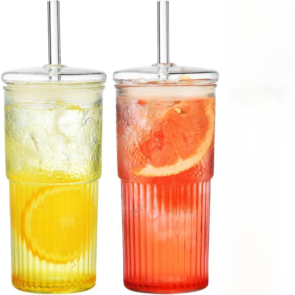Stripe Glass Cup with Lids and Straws High Borosilicate Tumblers Transparent Drinking Glasses for Iced Coffee Cup Tea Water Cups