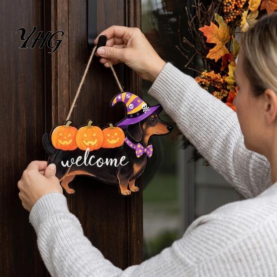 Pumpkin Theme Ornaments Halloween Ghost Welcome Door Hanger, Cute Wooden Sign with Witch Hat & Hanger Elements, Fall Indoor Outdoor Wall Decor