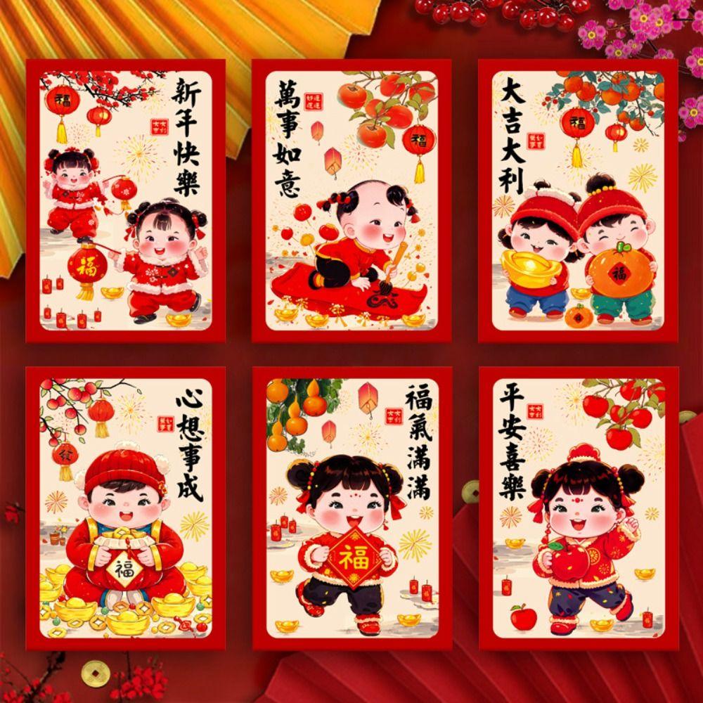 6pcs Oil Painting Style Chinese New Year Red Envelopes Traditional Red Pocket  Lunar New Year Gifts