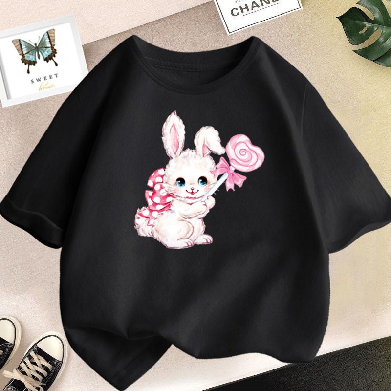 Cute Cartoon Rabbit Lollipop Print T Shirts Student Girls Kawaii Tee High Quality Cotton Summer Short Sleeve Casual Tops
