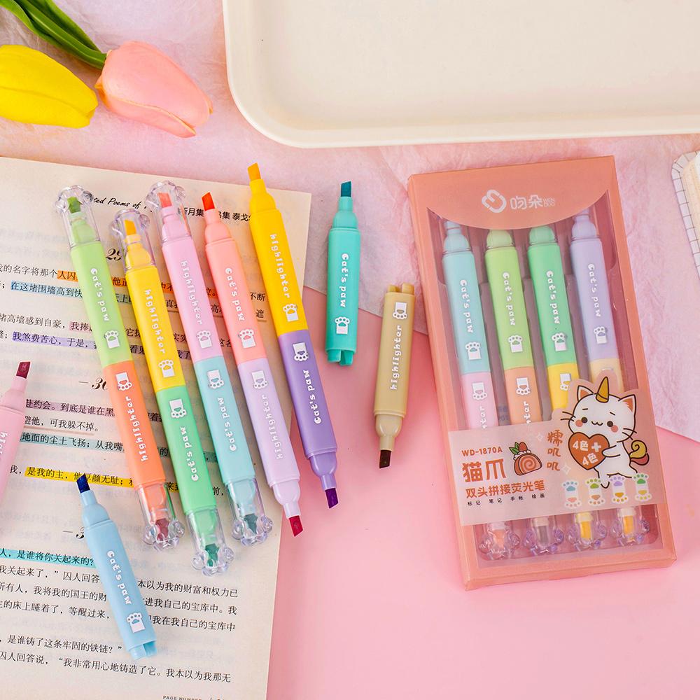 4pcs Cat Paw Design Highlighter Marker Pens Set Cartoon Kitty Dual-Tip Writing Brush for Drawing Painting School Supplies A7716