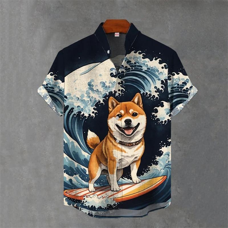 Japanese Animal Graphic Men's Shirt Summer Casual Short Sleeve Tops Hawaiian Tiger Shirts Men Oversized Lapel Button T-Shirt Man