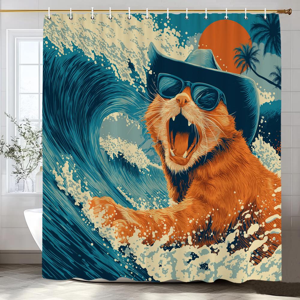 1pc Funny and Creative Surfing Cat and Dog Shower Curtain,Cartoon Bathroom Curtain,Home Polyester Decoration Curtain With Hooks
