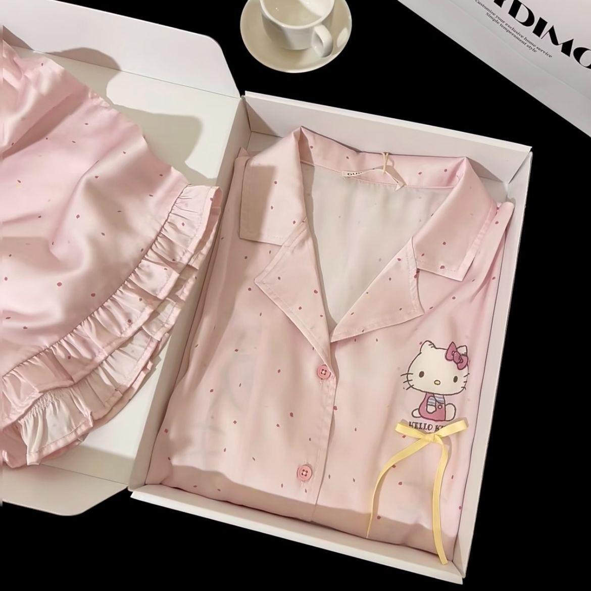 New high-end polka dot Hello Kitty pajamas women s summer short-sleeved shorts lace two-piece set can be worn outside loungewear S
