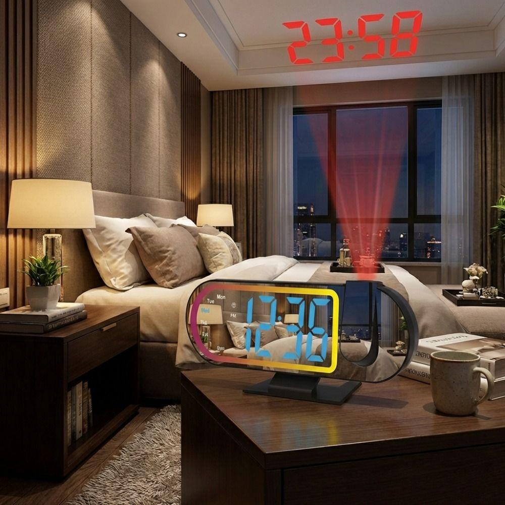 Large Screen LED Projection Clock Colorful Projection Digital Alarm Clock LED Mirror Clock  Bedroom